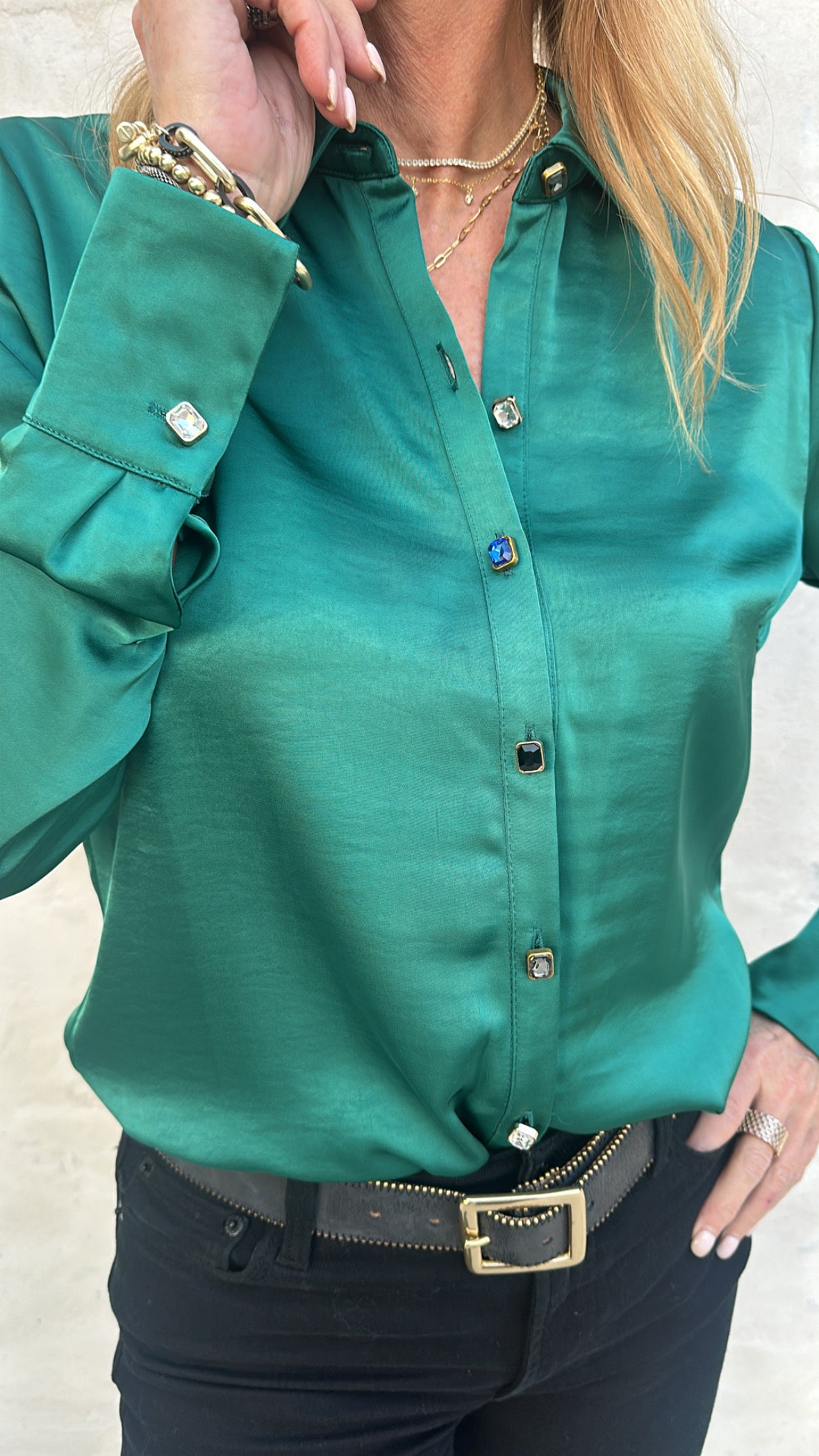 Rhinestone Button Down-Emerald