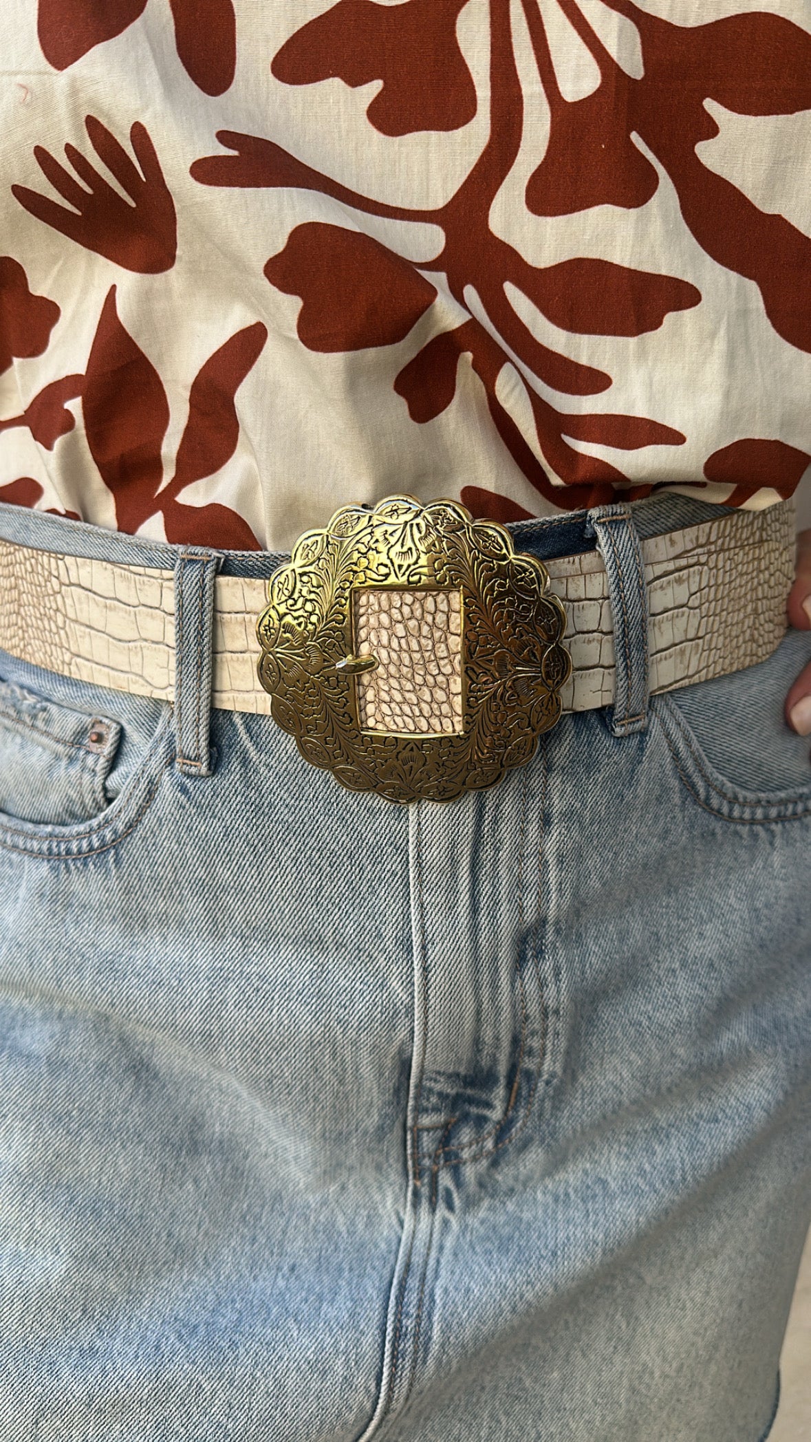 Ivory Croc Belt with Gold Buckle