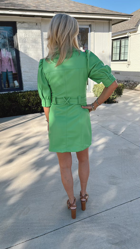 Vegan Leather Belted Dress - Green