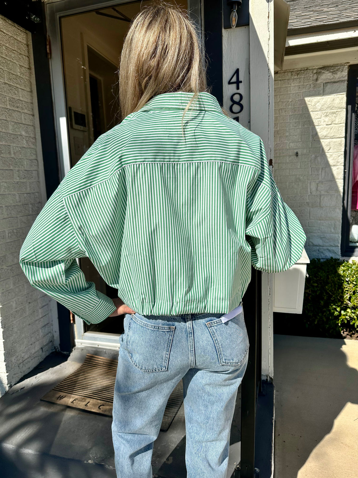 Green Stripe Tie Front Top