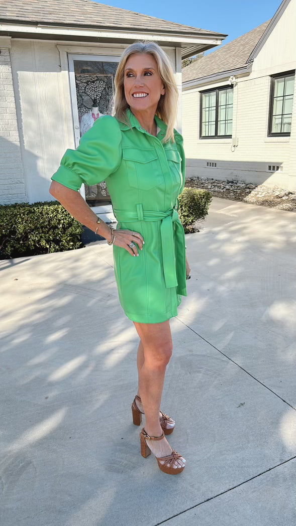 Vegan Leather Belted Dress - Green