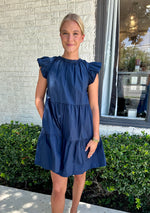 Navy Back Tie Flutter Dress
