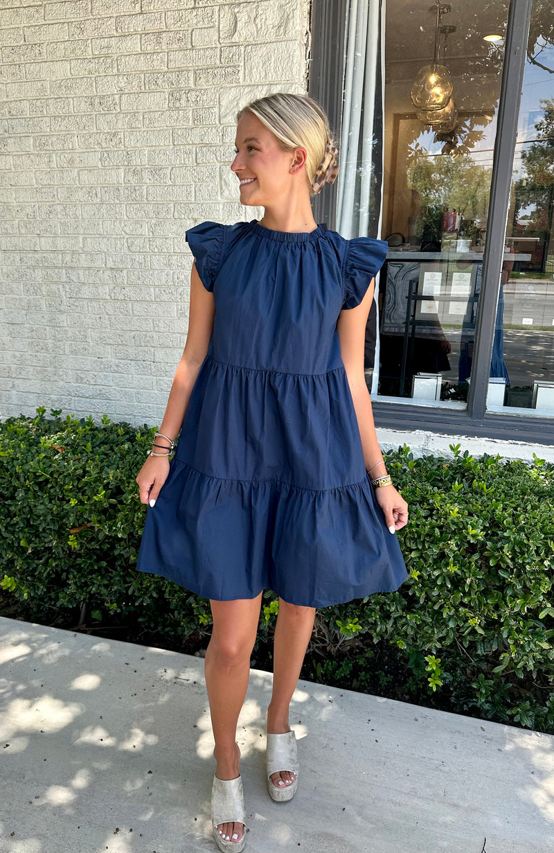 Navy Back Tie Flutter Dress