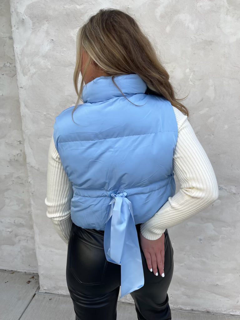 Ribbon Puffer Vest-Blue