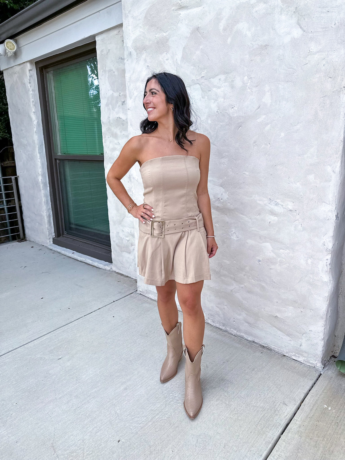 Taupe Strapless Mini Dress