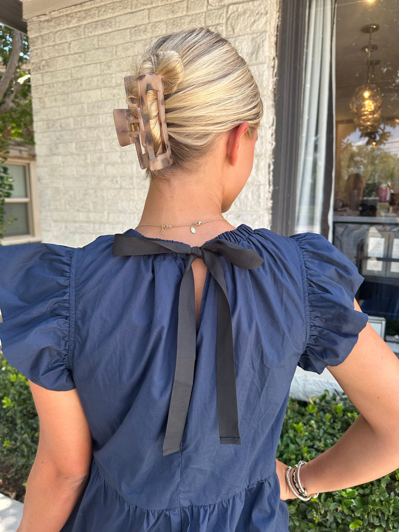Navy Back Tie Flutter Dress
