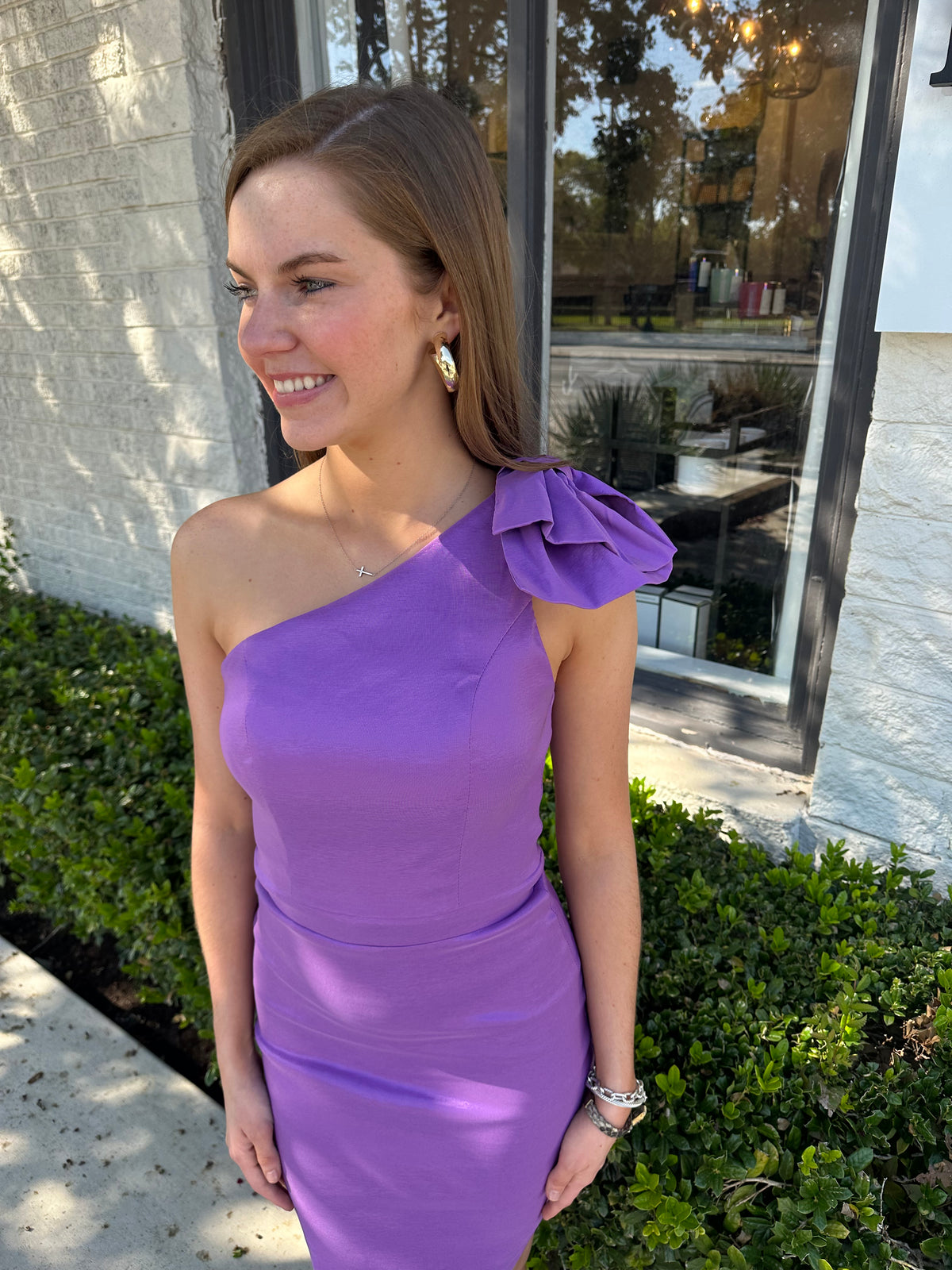 Purple One Shoulder Bow Dress