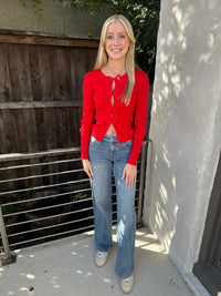 Satin Bow Knit Top-Red