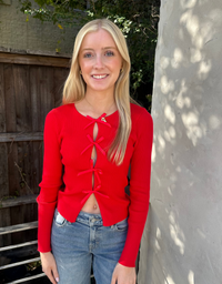 Satin Bow Knit Top-Red