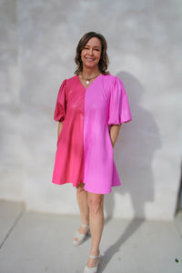 Pink Color Block Faux Leather Dress