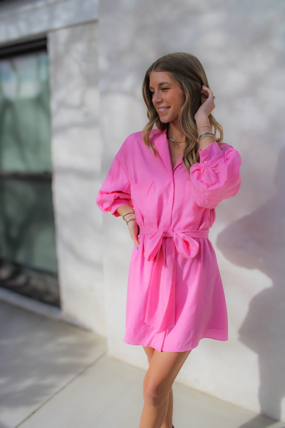 Pink Belted Shirt Dress