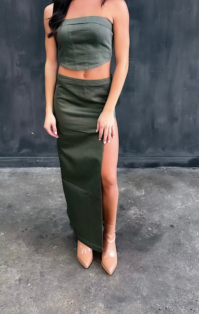 Olive Denim Maxi Skirt