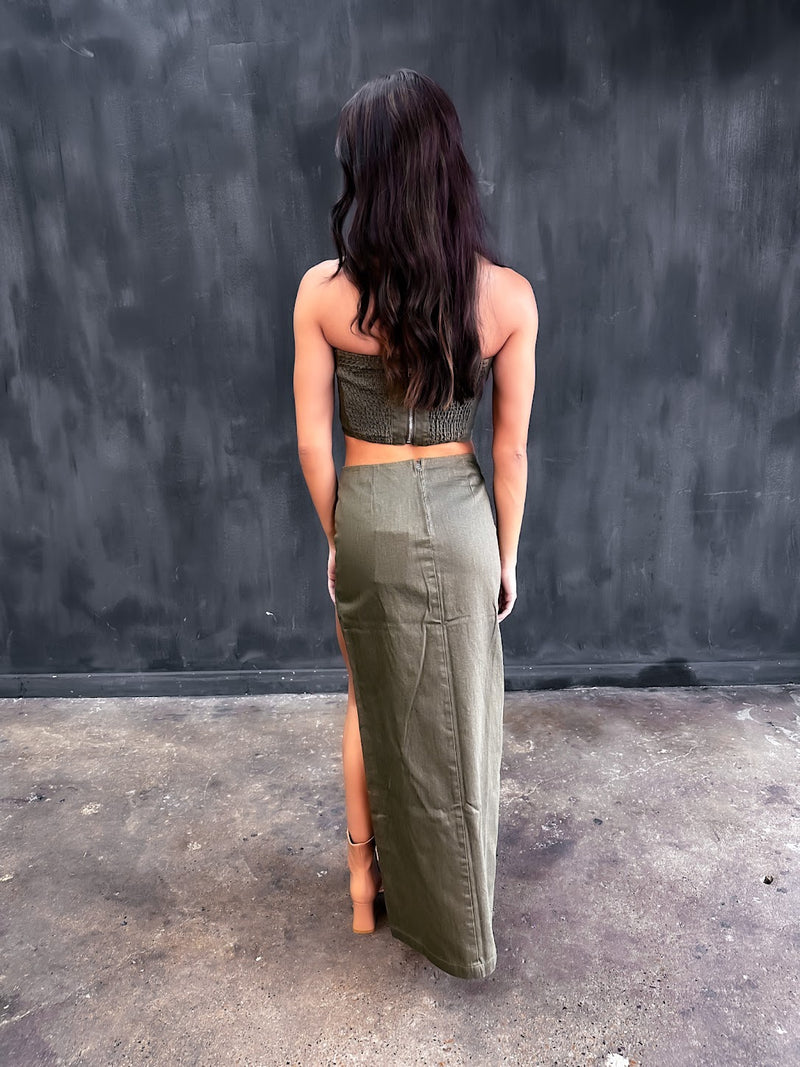 Olive Denim Maxi Skirt