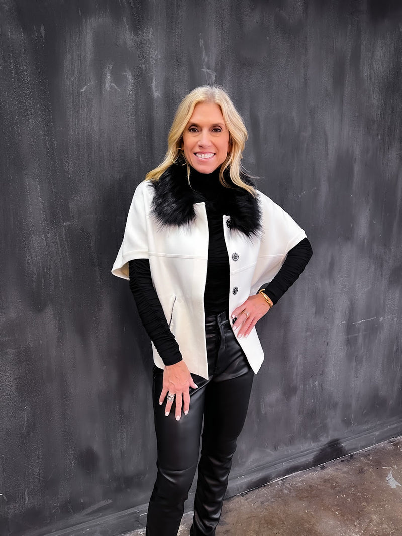 Fur Trim Cardigan - Ivory/Black