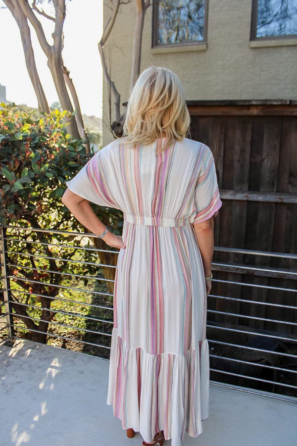 White Multi Stripe Midi Dress