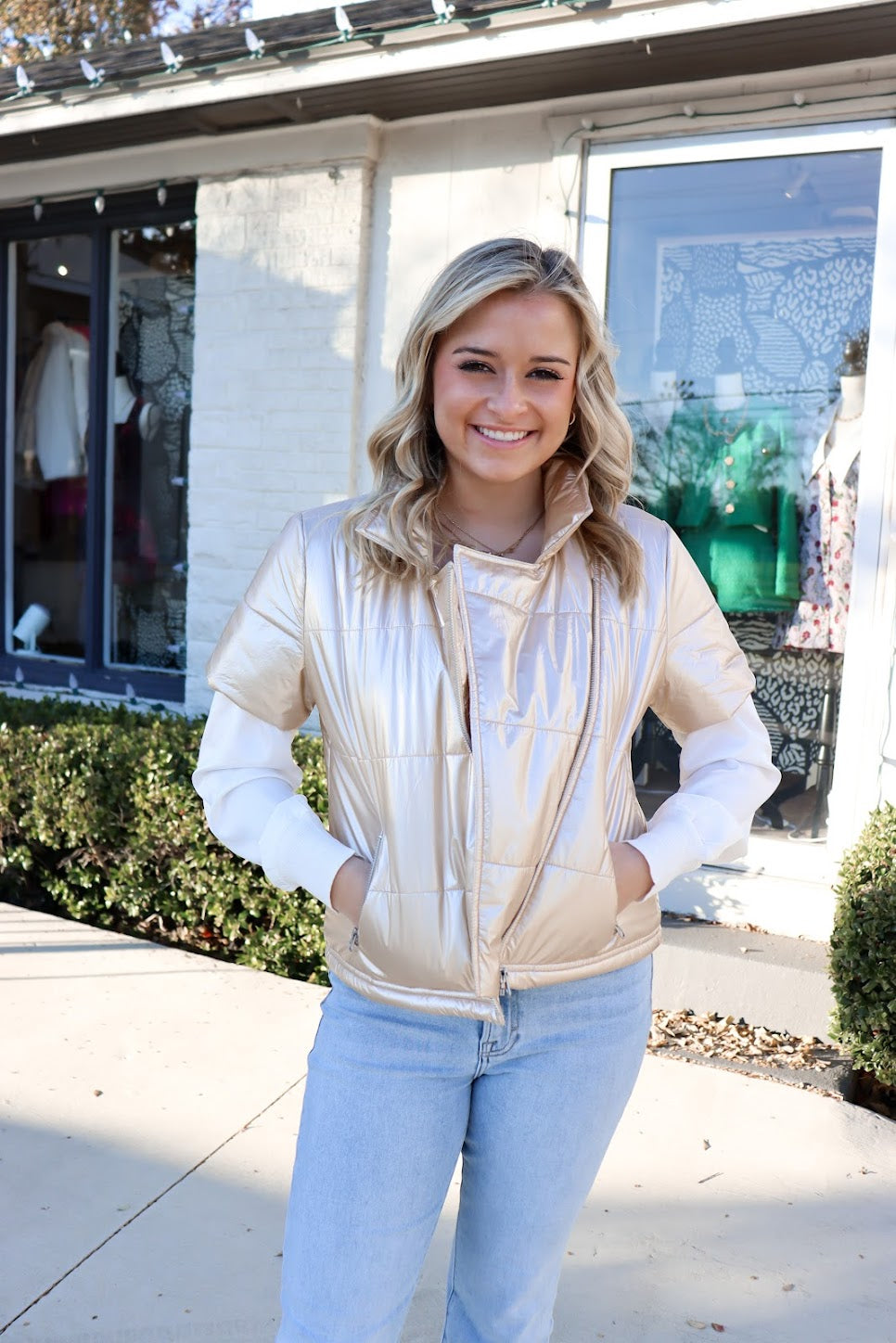 Champagne Metallic Puffer Moto Jacket