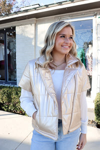 Champagne Metallic Puffer Moto Jacket