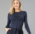 Navy Ruched Crew Neck Top