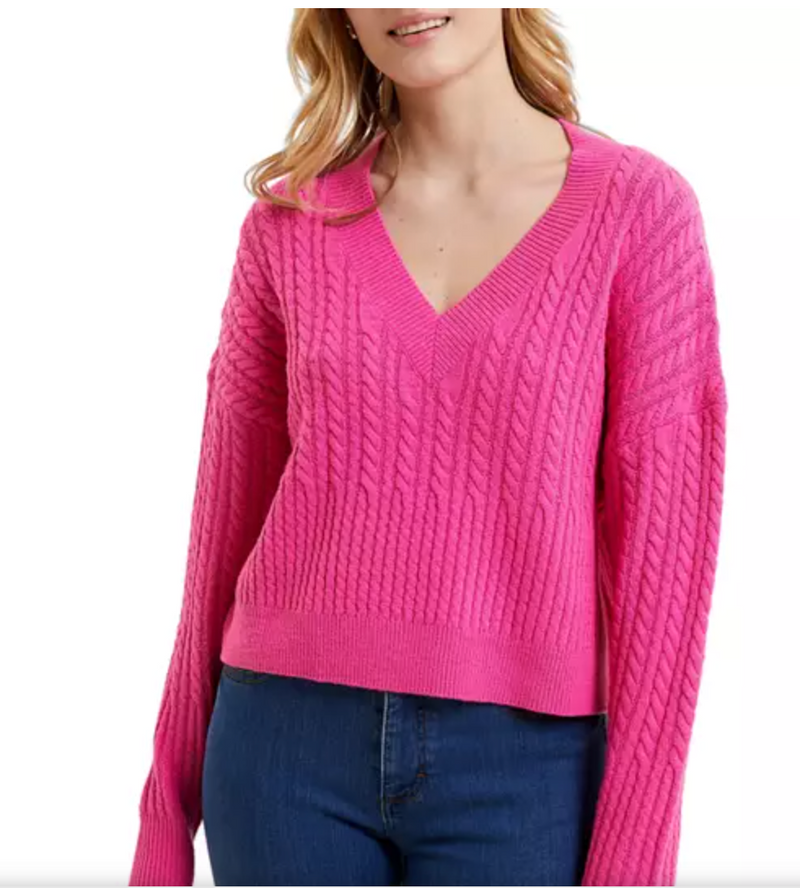 Baby Soft Cable V-Neck Sweater - Pink