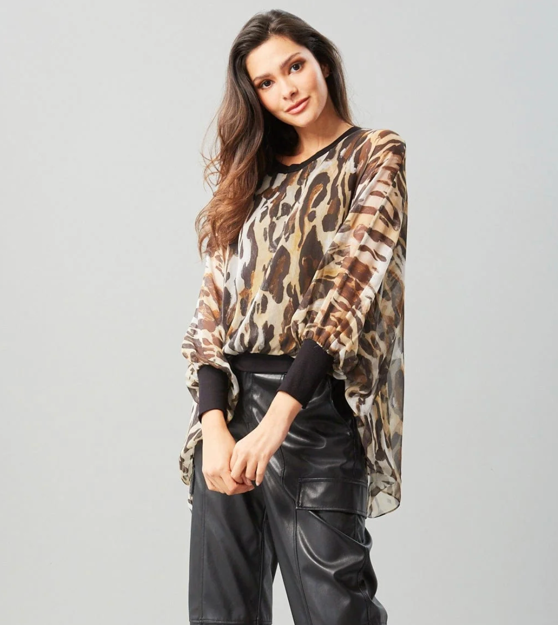 Leopard Chiffon Dolman Sleeve Top