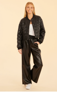 Faux Leather Wide Leg Drawstring Pants-Black