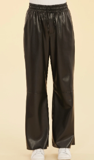 Faux Leather Wide Leg Drawstring Pants-Black