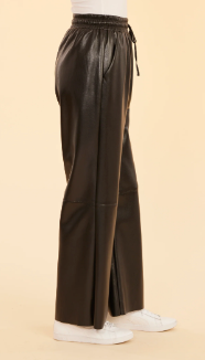 Faux Leather Wide Leg Drawstring Pants-Black