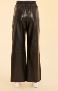 Faux Leather Wide Leg Drawstring Pants-Black