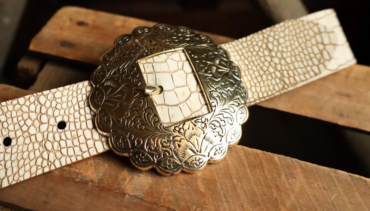 Ivory Croc Belt with Gold Buckle