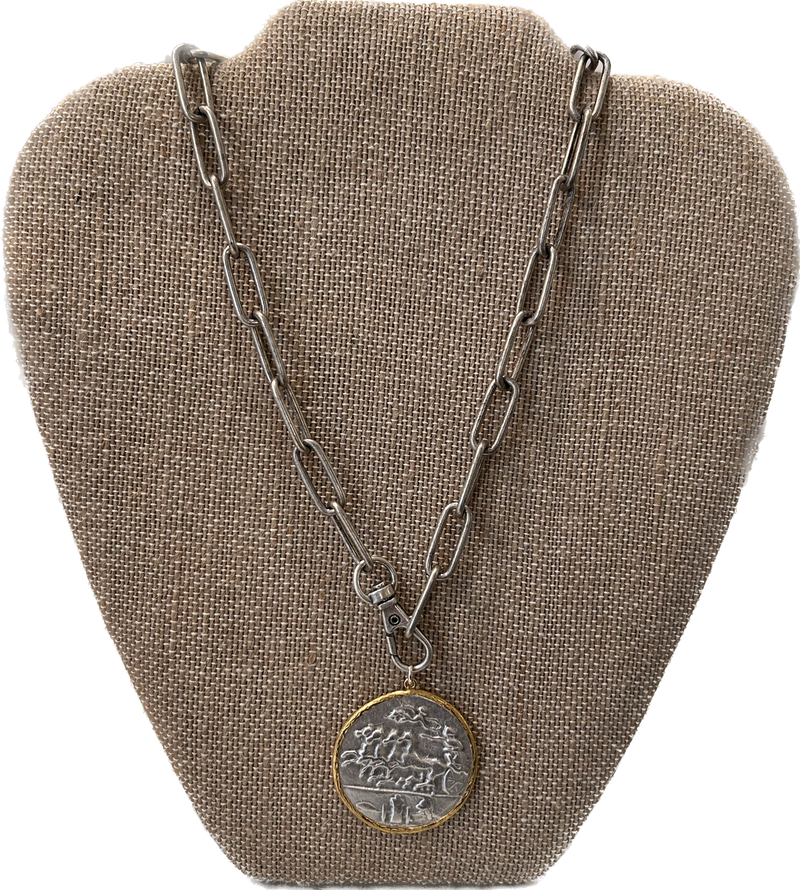 Paperclip Necklace with Vintage Coin - Silver