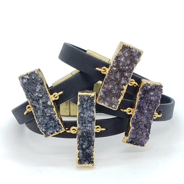 Geometric Druzy Italian Leather Cuff - Black